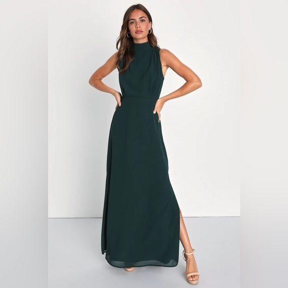 Lulus Classic Elegance Emerald Chiffon Sleeveless Mock Neck Maxi Dress Size XL - Picture 1 of 4